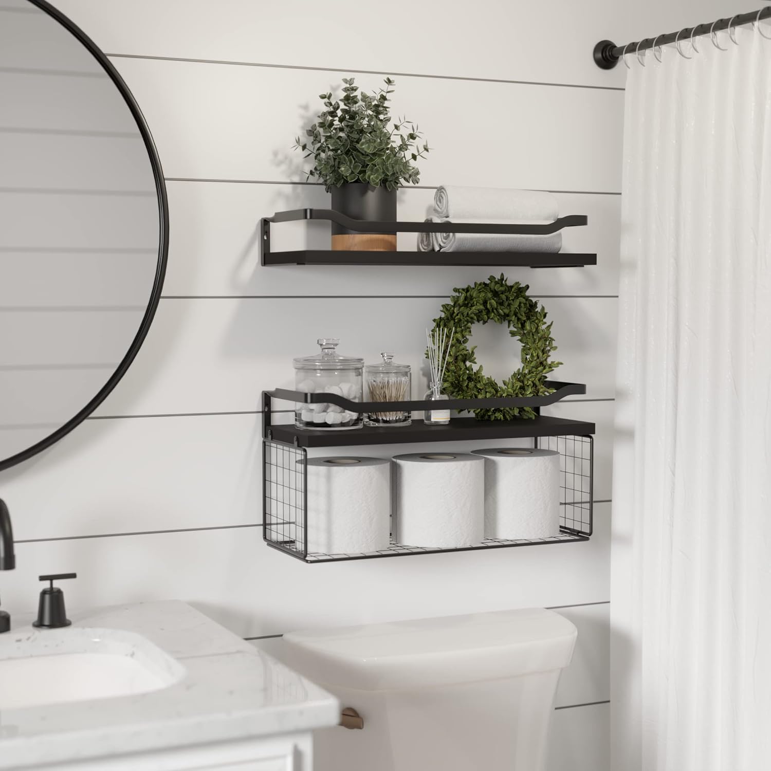 Floating Shelves with Wire Storage Basket, Bathroom Shelves, Wall Shelves Floating Shelves with Wire Storage Basket, Bathroom Shelves, Wall Shelves